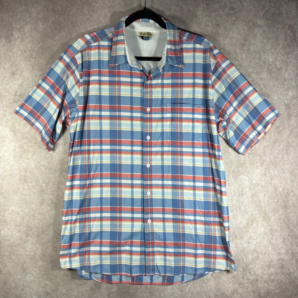 Salt Life Button Shirt Men Large Blue SLX Plaid Performance Fishing Short Sleeve